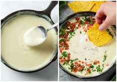 two pictures showing the process of making quesadilla dip