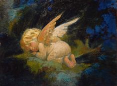 a painting of an angel sleeping on the ground