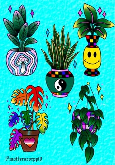 four potted plants on a blue background, each with a smiley face in the center