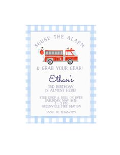 a birthday card with a firetruck and gingham checkered pattern on it