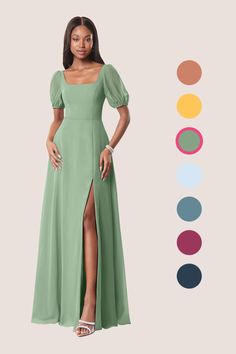 a woman in a long green dress standing next to color swatches