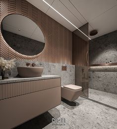 a bathroom with a toilet, sink and mirror in it's center wall is shown