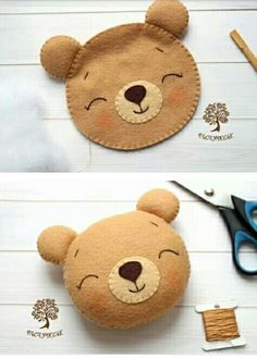 two pictures of a teddy bear made out of felt with scissors and thread on the side