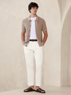 Tailored-Fit Linen-Blend Trouser | Banana Republic Factory Casual Summer Business Casual Outerwear, Casual Summer Business Outerwear, Casual Neutral Pants With Straight Hem, Tailored Ankle-length Casual Chinos, Casual Tailored Ankle-length Chinos, Summer Business Casual Cotton Outerwear, Summer Business Casual Relaxed Fit Chinos, Summer Cotton Outerwear For Business Casual, Beige Chinos For Business Casual Summer