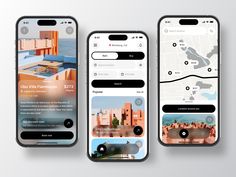 three smartphones displaying different locations on the same screen, one with an image of people and buildings