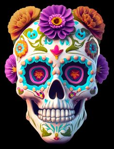 a colorful skull with flowers on its head