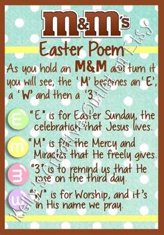 an easter poem with the words'm & m'in different colors and font