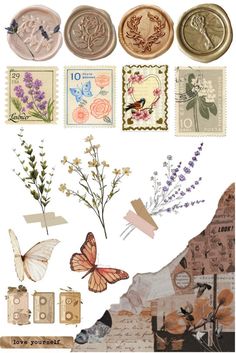 various stamps with flowers and butterflies are shown in this collage, including one for the stamp