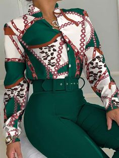 Gender:?Women Type:?Bottoms Feature:?Printed, Long Sleeve,?Wide-Leg, Two-Piece Material:?Polyester Style:?Casual/Fashion Color:?White, Red, Yellow, Pink, Black, Green? Size:?S, M, L, XL Please Note:?All Dimensions Are Measured Manually With A Deviation Of 1 To 3cm. Matching Pants Set, Pant Suits For Women, Printed Suit, Womens Suits Business, Africa Dress, Pantsuits For Women, Wear Green, Casual Sets, Women Set