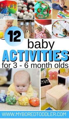 baby activities for 3 - 6 month olds with the title overlay that reads, 12 baby activities for 3 - 6 month olds