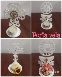 four pictures of different items made out of plastic plates and paper doily, with the words porta vela on them