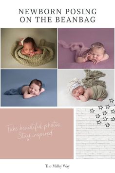 newborn photos with the text newborn posing on the beanbag