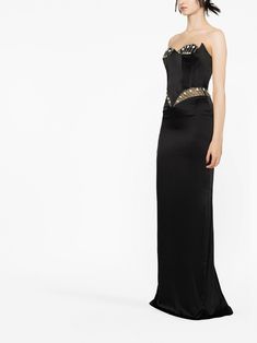 Cristina Savulescu Venus crystal-embellished Corset Gown - Farfetch Embellished Corset, Uzun Boy, Corset Gown, Boned Bodice, Gown Black, Venus Dresses, Floor Length Skirt, Corset Style, Crystal Embellishment