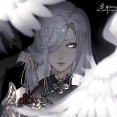 an anime character with white hair and wings on her chest, looking at the camera