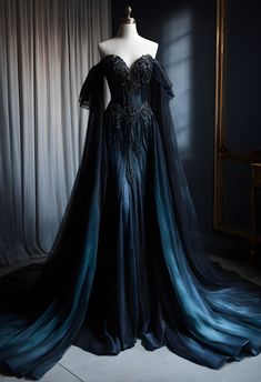 Dark Gowns Evil Queens, Gothic Evening Dress, Goth Evening Gown, Evil Queen Dress Gowns, Unconventional Prom Outfit, Gothic Evening Gown, Goth Fantasy Dress, Dark Forest Wedding Dress, Dark Blue Fantasy Dress