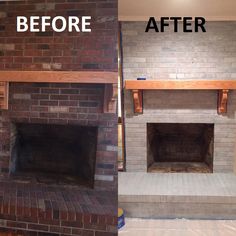 before and after pictures of a brick fireplace