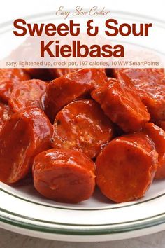 sweet and sour kielbasa on a white plate