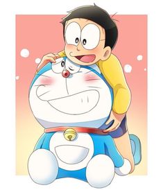 a cartoon character hugging another character on the back of a blue and white stuffed animal