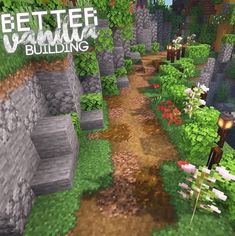 Minecraft Building Ideas Ravine, Minecraft Pathing Ideas, Minecraft Sign Board Design, Mountain Path Minecraft, Minecraft Natural Wall, Minecraft Dirt Path Design, Minecraft Walking Path, Minecraft Village Fence Ideas, Minecraft Retaining Wall Ideas