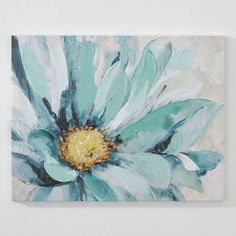 a blue flower on a white wall in an art gallery, painted with acrylic paint