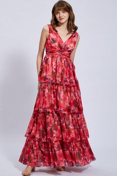 Tiered Prom Dress, Wedding Evening Gown, Red Floor, Red Floral Print, Red Maxi, Chiffon Maxi, Evening Gowns Formal, Red Prom Dress, Floral Chiffon