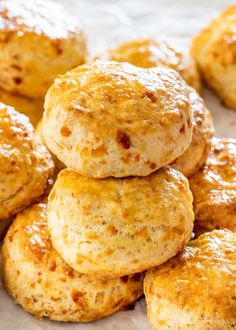 some biscuits are stacked on top of each other in the middle of a pile,