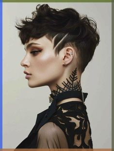 Short Curly Haircuts Edgy, Shaved Designs In Hair, Shaved Sides With Bangs, Edgy Pixie Cuts Shaved Sides, Hair With Long Bangs, Hairstyle References, Queer Haircut, Cyberpunk Hair, Braid Updo Tutorial