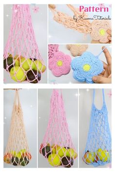 crochet bag with tennis balls in it and the instructions for how to make them