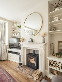 a living room filled with furniture and a fire place