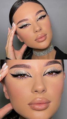 Olive Green And Silver Eye Makeup, New Year Make Up 2023, Prom Makeup For Black And Silver Dress, New Years Eve Makeup Ideas Blue Eyes, New Year’s Makeup Look, Elegant Graphic Liner, Easy New Years Makeup, Ali Andrea Makeup, Sylwester Outfit New Years