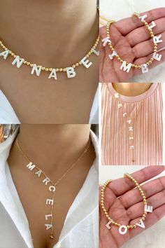 Mother of pearl name necklace Beautiful and dainty 18k Gold filled chain with mother of pearl letters. You can personalized it with your initials, your name, kids name or any other word. The length of the necklace is the length of the chain around the neck. You can choose the length which fits better for you ..................................... MATERIAL AND SIZE: 18k Gold filled cable chain Mother of pearl letters Letters size: 1 cm Length: 15, 16, 17 and 18 inches …………………………………. Mother's Day Personalized Initial Necklace With Letter Beads, Mother's Day Personalized Gift Initial Necklace With Letter Beads, Mother's Day Personalized Letter Beads Initial Necklace, Personalized Gift Initial Necklace With Letter Beads, Elegant White Custom Name Necklace, Elegant Custom Name Necklace In White, Elegant Personalized White Name Necklace, Dainty Charm Necklaces With Letter Beads For Personalized Gift, Dainty Letter Beads Charm Necklace For Personalized Gift