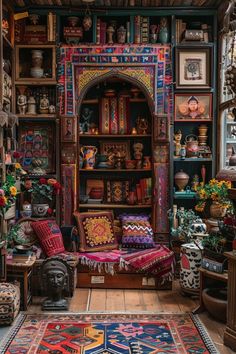 a room filled with lots of colorful rugs and shelves full of books on top of them