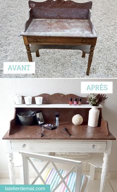 the before and after shots of an old desk makeover with paint, stencils, and wood