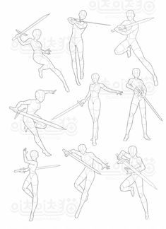 an outline drawing of various poses for the character in action figure model, with different angles and