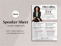 a flyer for an event with a woman sitting on a chair and the words speaker sheet