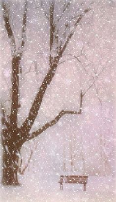 a bench sitting in the snow next to a tree with lots of snow flakes on it