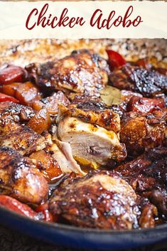 chicken adobo in a skillet with the words, filipino chicken adobo