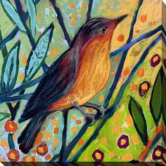 a painting of a bird on a branch with orange flowers