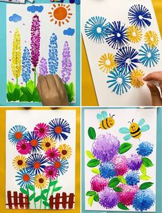 four pictures with flowers and bees on them, one is made out of colored paper