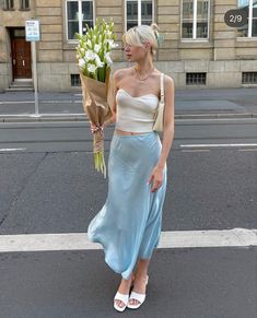 Casual Midi Summer Dresses, Balletcore Outfits Summer, Portugal Fashion Spring, French Asethic Outfits, Blue Cute Outfits, Outfits For Pale Skin, Ethereal Outfit Casual, Balletcore Summer, Skirt Wedding Outfit