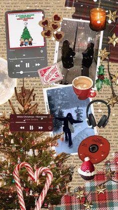 a collage of christmas items including a coffee cup, candy canes and other holiday decorations