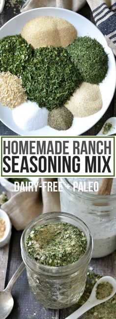 homemade ranch seasoning mix in a bowl with spoons on the side and an image of