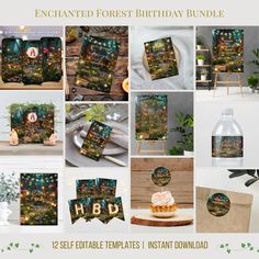 a collage of photos with the words happy birthday and images in green, gold and blue