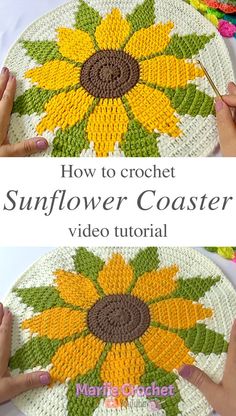 crochet sunflower coaster is being worked on