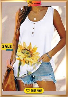 Casual Sunflower Print Vest Vest Design, Affordable Fashion Women, Popular Fashion, Sunflower Print, Clothing Design, Vest White, Casual Tank Tops, Boho Stil, Outfits Fashion