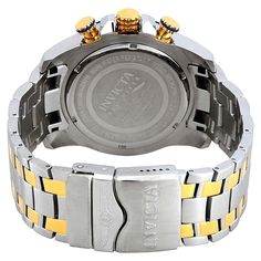 Stainless steel case with a two-tone (silver-tone and yellow gold-tone) stainless steel bracelet. Fixed yellow gold-tone bezel with a blue aluminum ring. Dark blue dial with luminous yellow gold-tone arrow-shaped hands and index hour markers. Minute markers around the outer rim. Dial Type: Analog. Luminescent hands and markers. Date display between the 4 and 5 oclock positions. Chronograph - three sub-dials displaying: 60 second, 30 minute and 1/10th of a second. ISA caliber 6371D quartz movemen 5 Oclock, Invicta Pro Diver, Casual Watches, Men's Watch, Steel Bracelet, Diver, Stainless Steel Bracelet, Quartz Movement, Stainless Steel Case