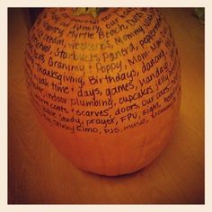 a pumpkin with words written all over it