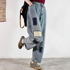 Comfortable, One of Kind. Jeans online shop,|Street|Denim|Full Length|Patchwork|Button|Straight Leg|Blue|M|L|Summer|Hand Wash Patched Jeans Outfit, 90s Mom Jeans, 90s Mom, Patchwork Jeans, Patched Jeans, Comfy Pants, Jeans Online, Jean Outfits, Wide Leg Jeans