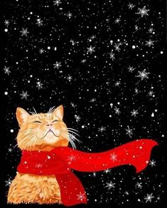 an orange cat wearing a red scarf with snowflakes on the ground in the background