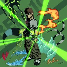 an anime character with green and yellow lights